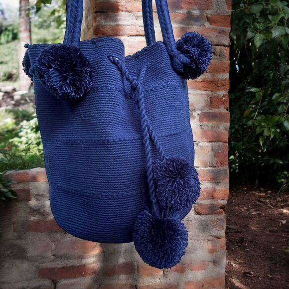 Unique Handmade Mochila Wayuu Bag Navy Blue Pom Pom Accents Fabric Drawstring - Picture 1 of 13
